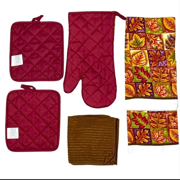 Kitchen Linen Set Vibrant Rustic Autumn Leafs Print 7 Piece set Brown Burgundy - Picture 6 of 12